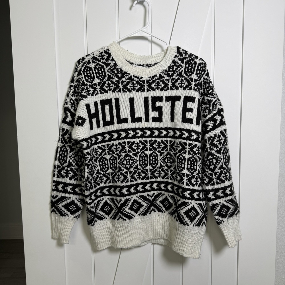 Hollister Black/White Geometric Logo Knit Oversized Sweater Size XS Indie Sleaze